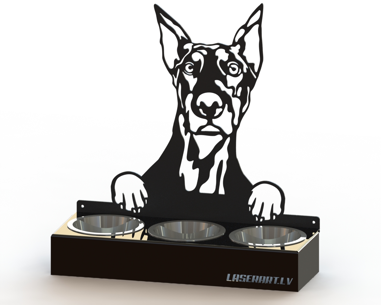 3-Bowl Dog Feeder, Doberman Dog breed, Raised Feeding Station