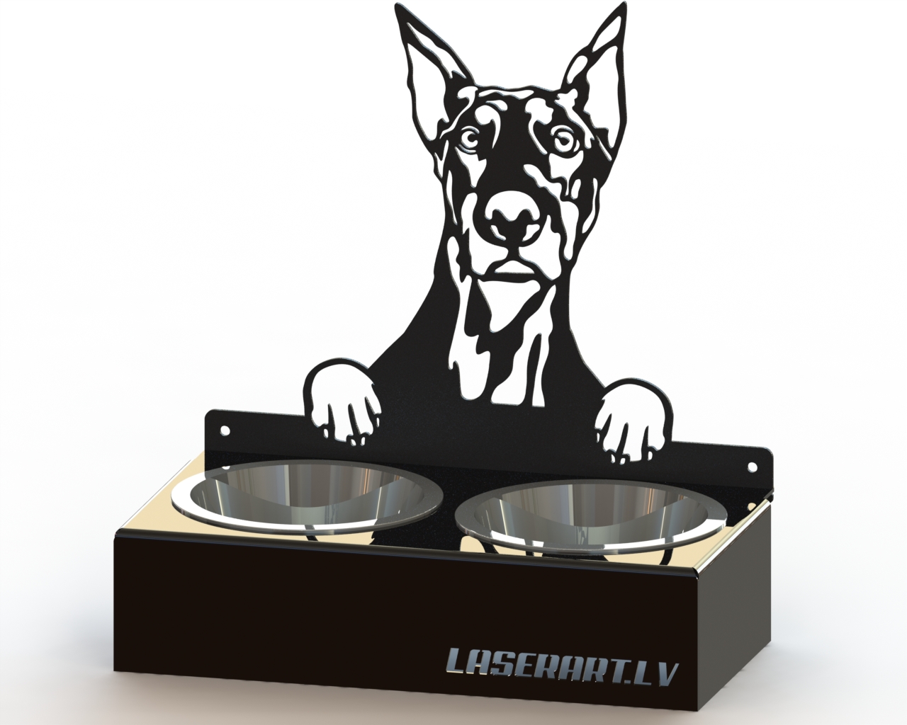 2-Bowl Dog Feeder, Doberman Dog breed, Raised Feeding Station